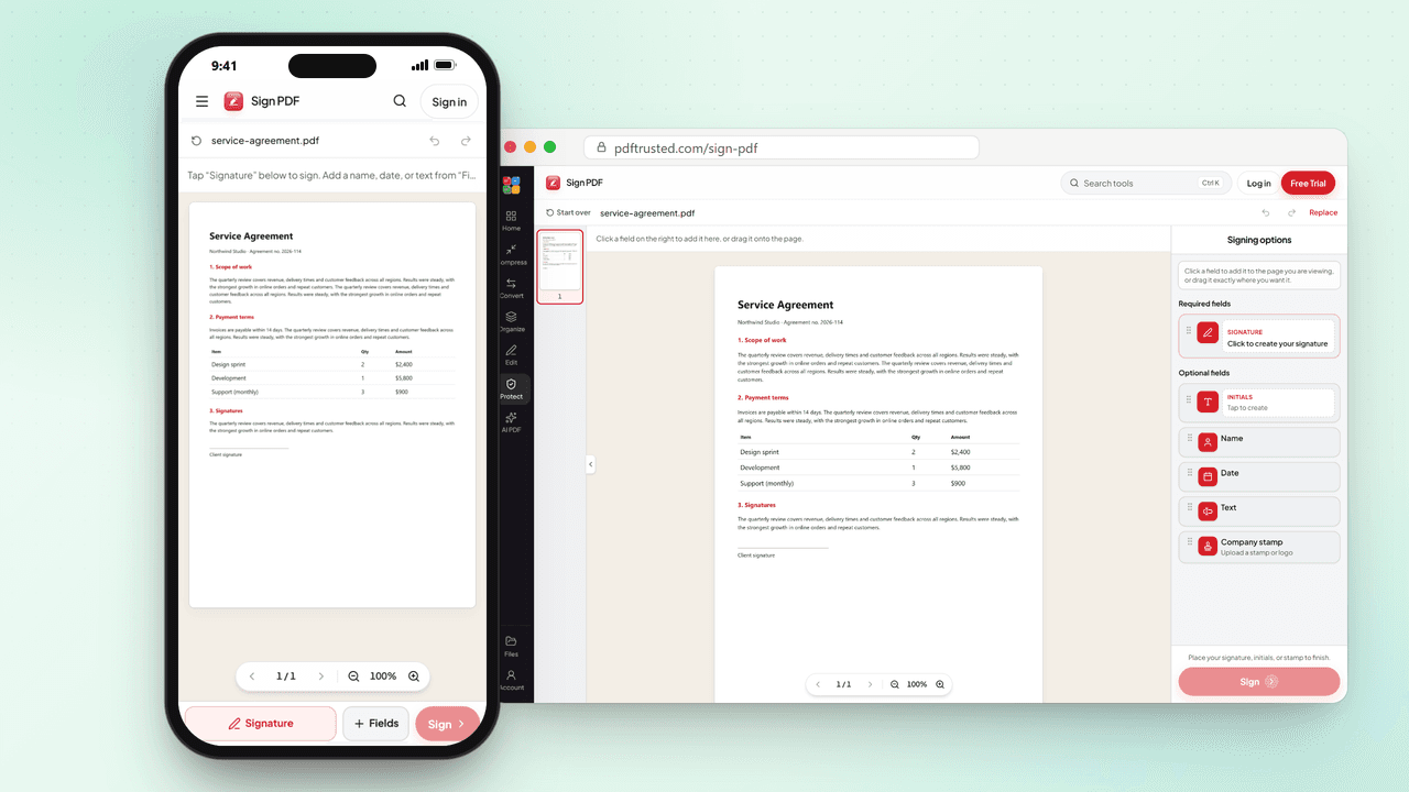 Signing a PDF on PDFTrusted